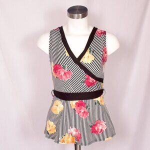 Discreet Floral Stripped Cross Over Top Size Small